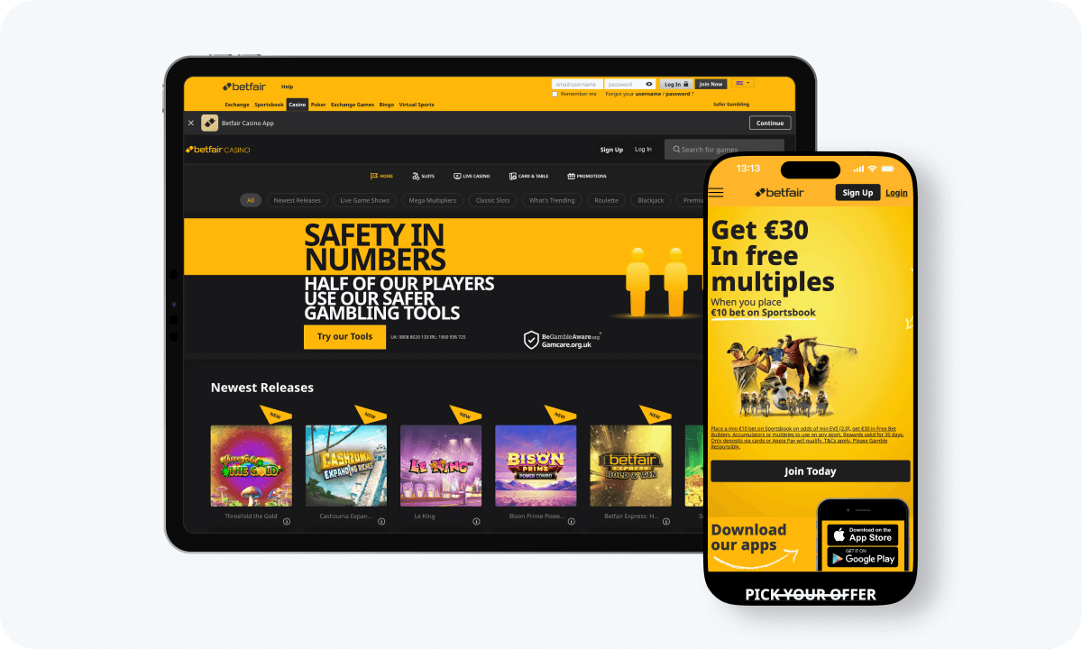 Betfair interface displayed on a tablet and smartphone