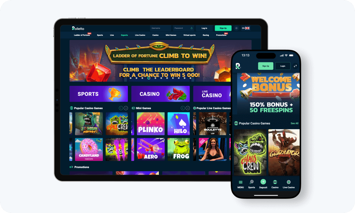 Rolletto Casino interface displayed on a tablet and smartphone