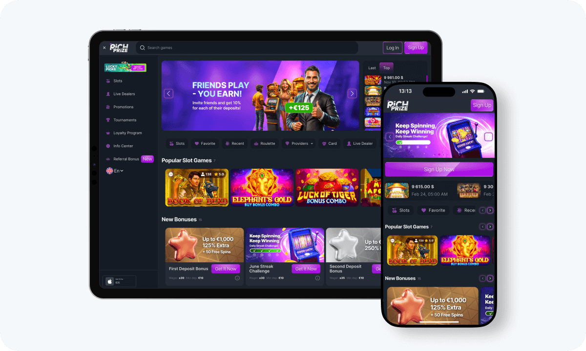 Rich Prize Casino interface displayed on a tablet and smartphone