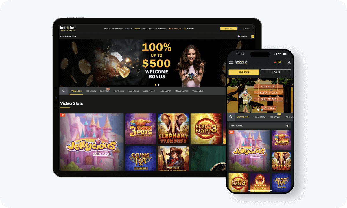 BetoBet Casino interface displayed on a tablet and smartphone