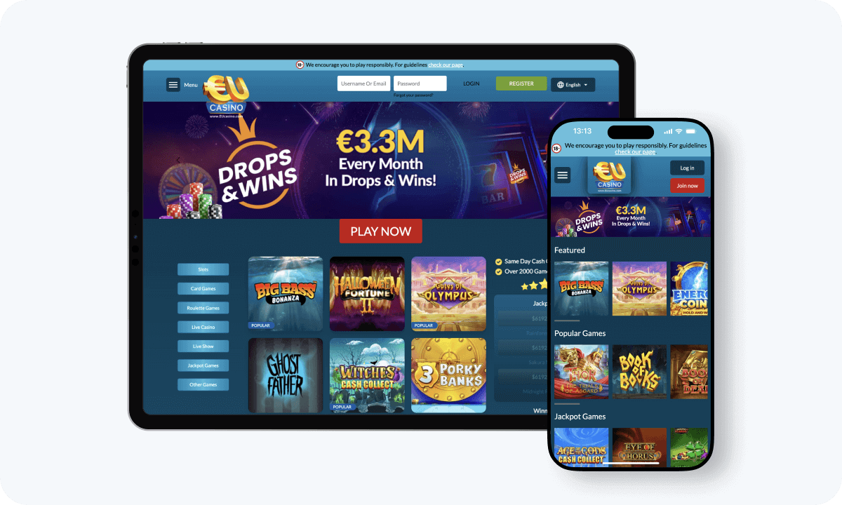 EUcasino interface displayed on a tablet and smartphone