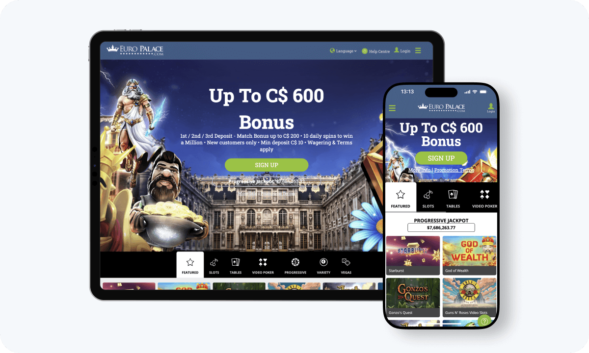 Euro Palace Casino interface displayed on a tablet and smartphone
