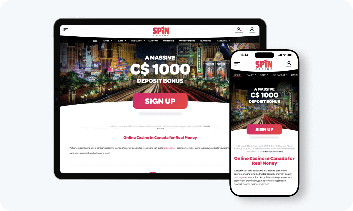 Spin Casino interface displayed on a tablet and smartphone