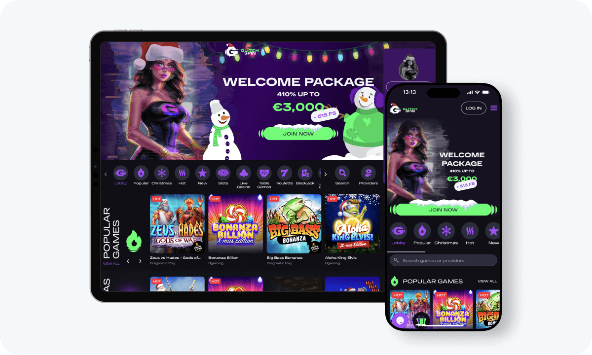 Glitch Spin Casino interface displayed on a tablet and smartphone