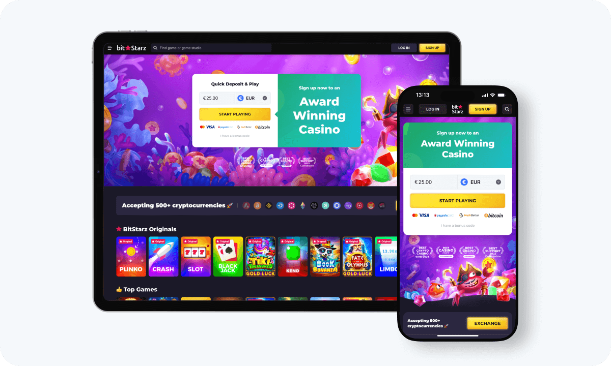 Bitstarz Casino interface displayed on a tablet and smartphone