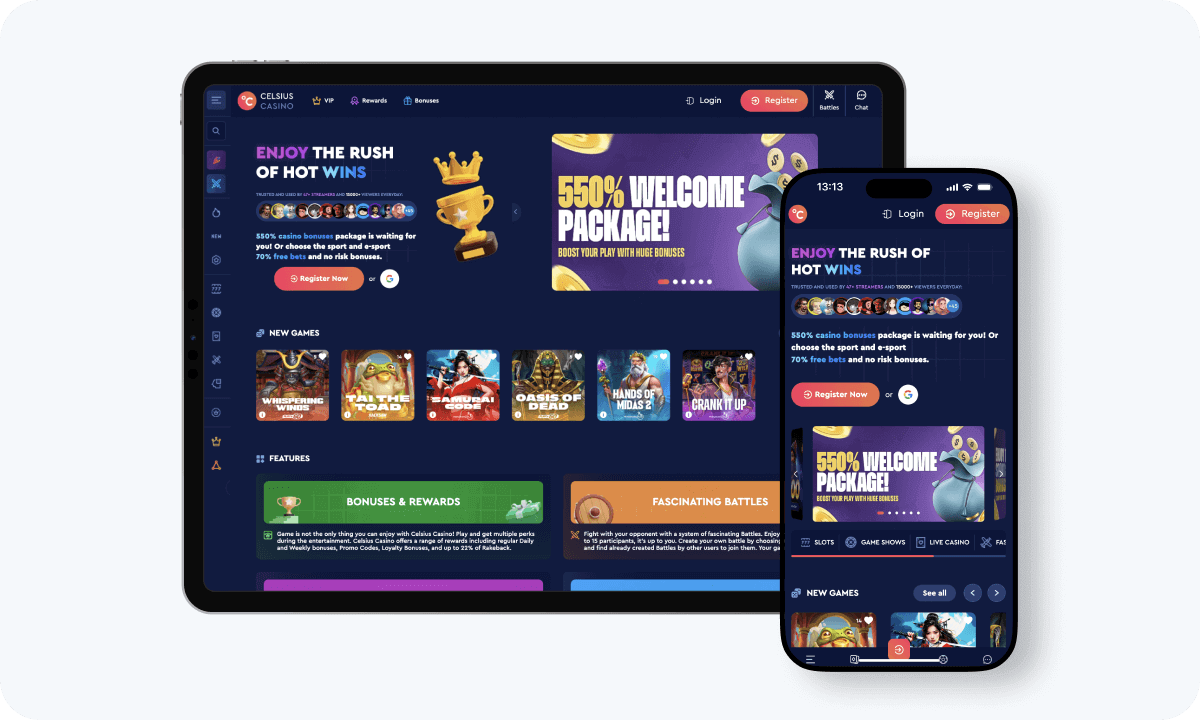 Celsius Casino interface displayed on a tablet and smartphone