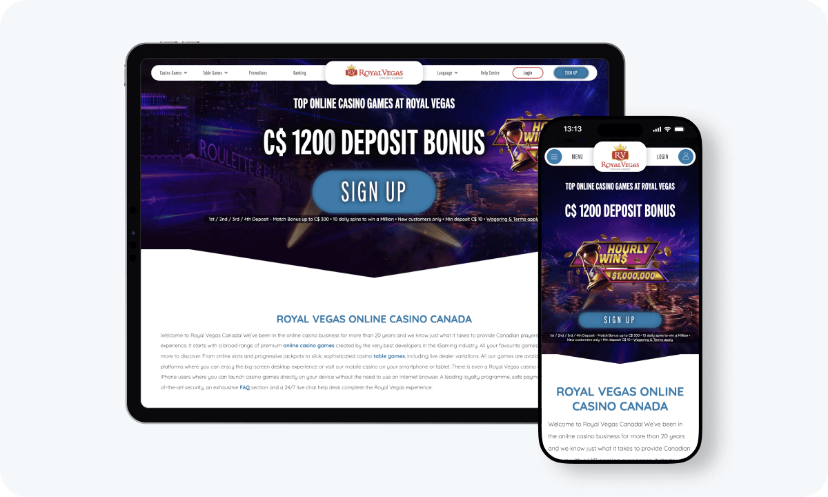 Royal Vegas Casino interface displayed on a tablet and smartphone