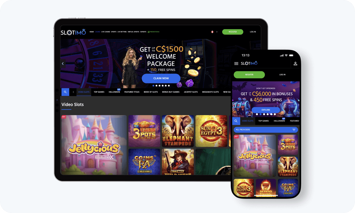 Slotimo Casino interface displayed on a tablet and smartphone