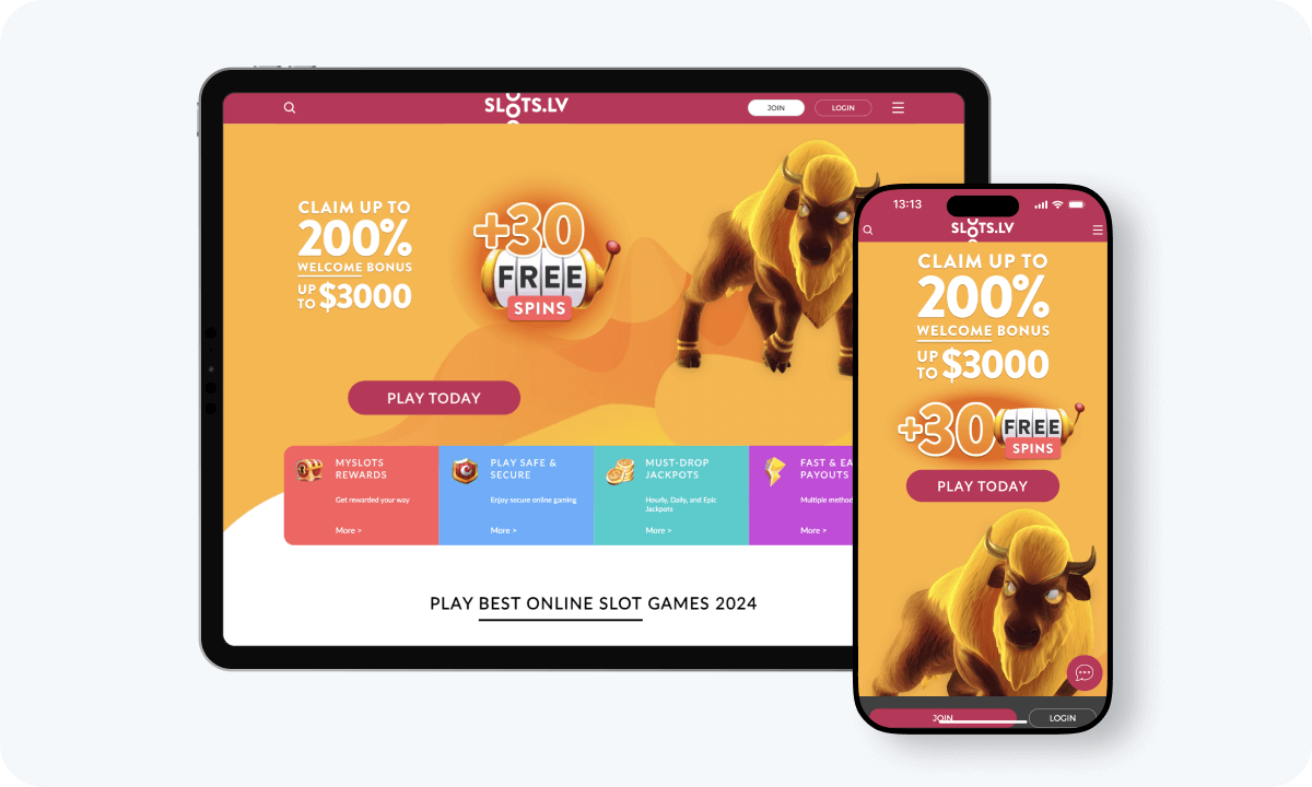 Slots.lv Casino interface displayed on a tablet and smartphone