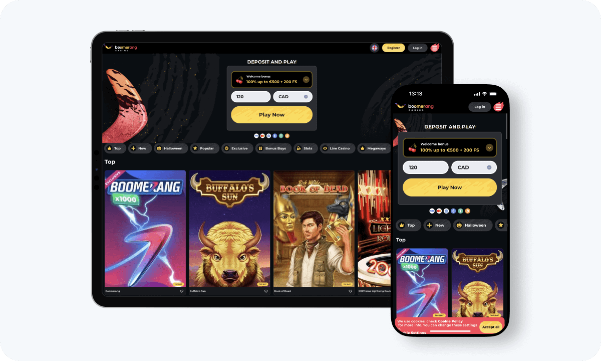 Boomerang Casino interface displayed on a tablet and smartphone