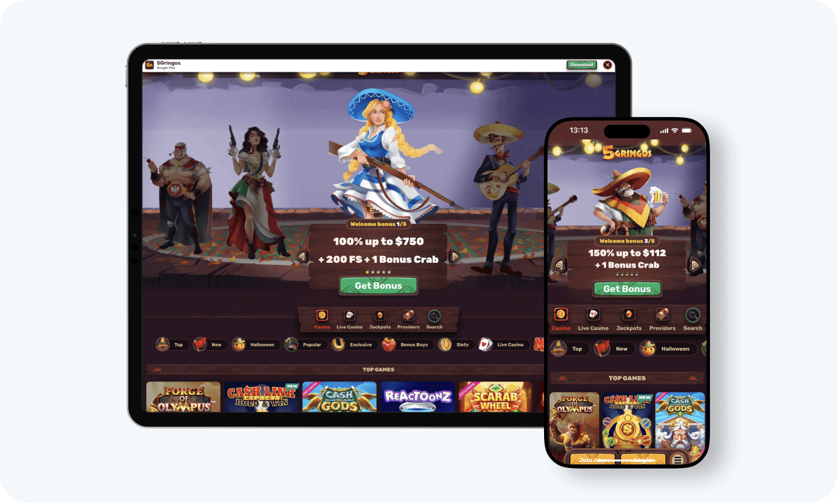 5Gringos Casino interface displayed on a tablet and smartphone