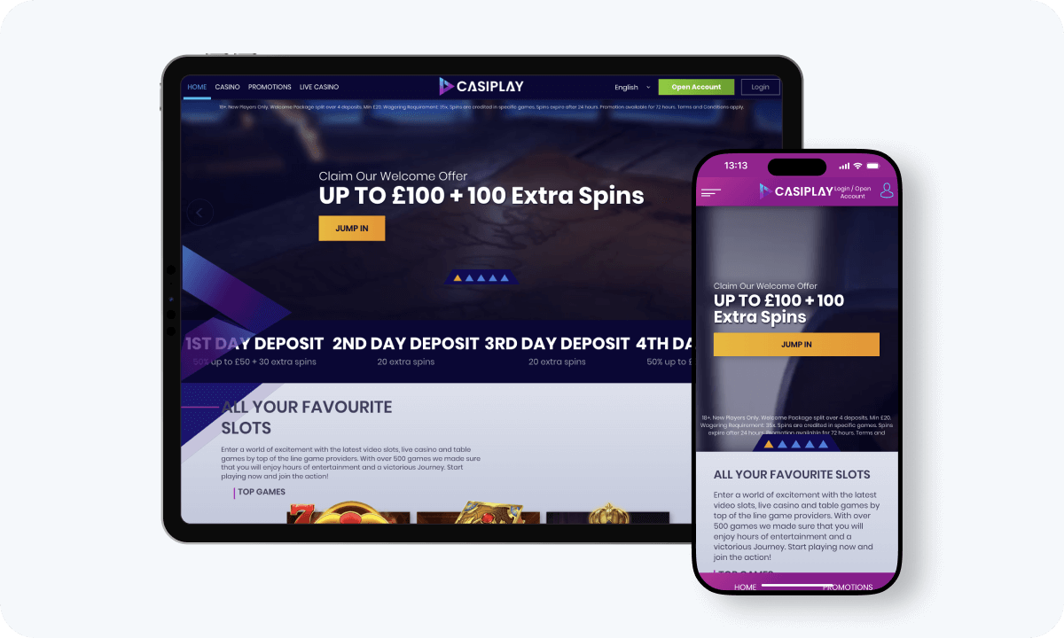 Casiplay Casino interface displayed on a tablet and smartphone