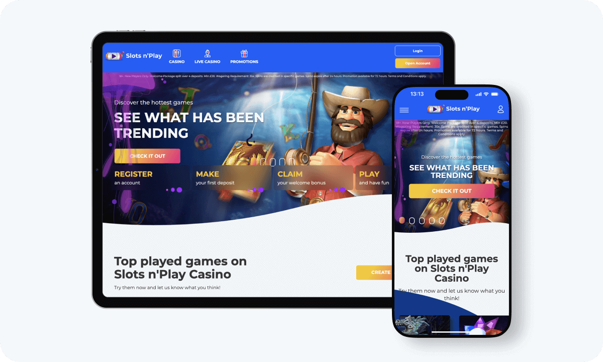 Slots n'Play Casino interface displayed on a tablet and smartphone