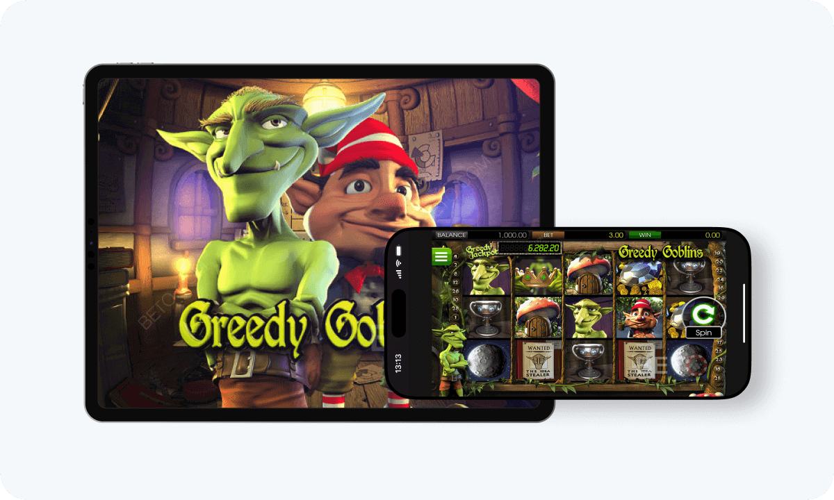 Greedy Goblins slot interface and logo on tablet and smartphone