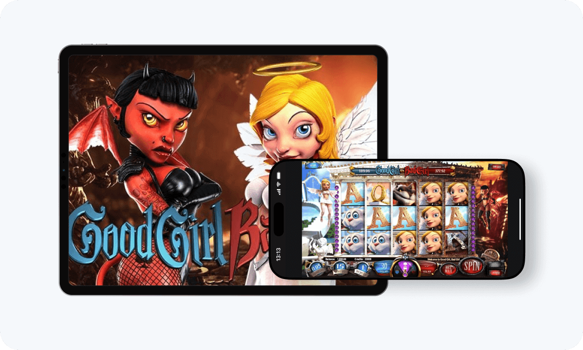Good Girl, Bad Girl slot interface and logo on tablet and smartphone