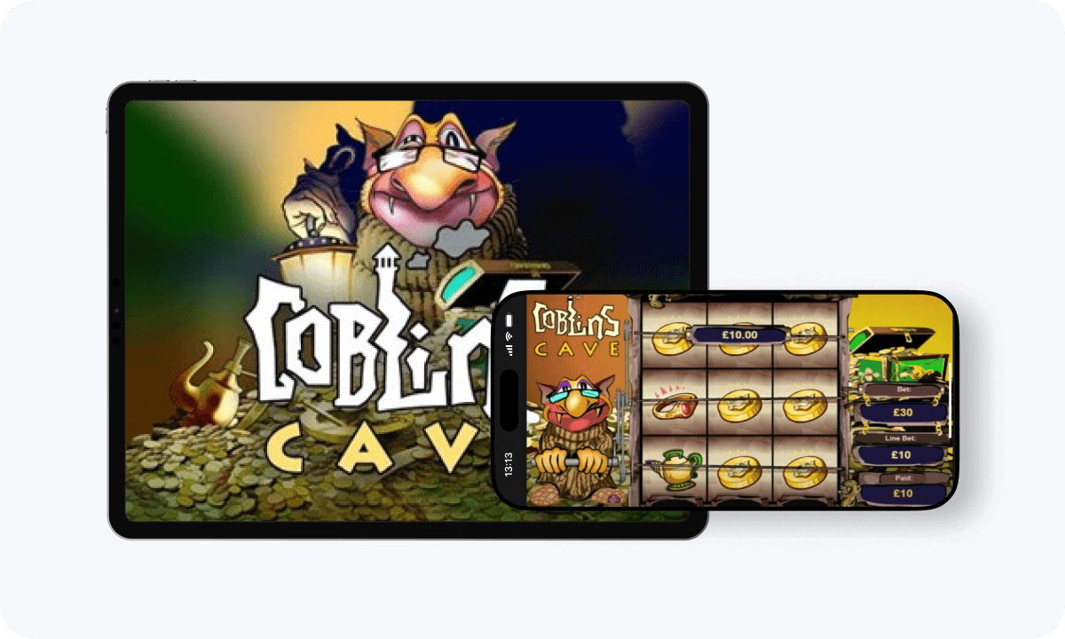 Goblins Cave slot interface and logo on tablet and smartphone