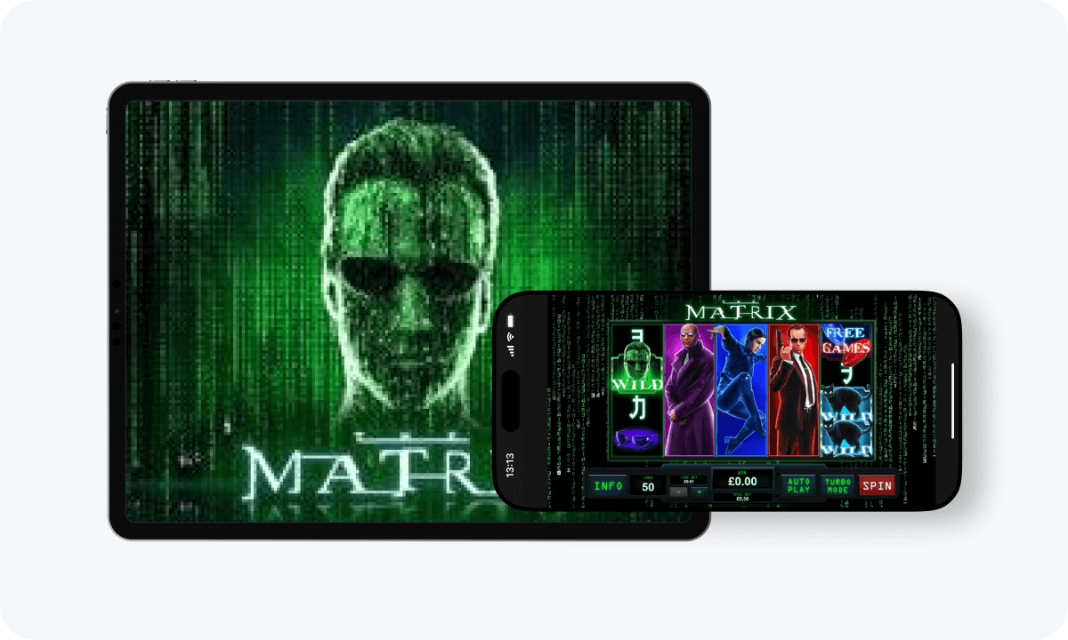 The Matrix slot interface and logo on tablet and smartphone