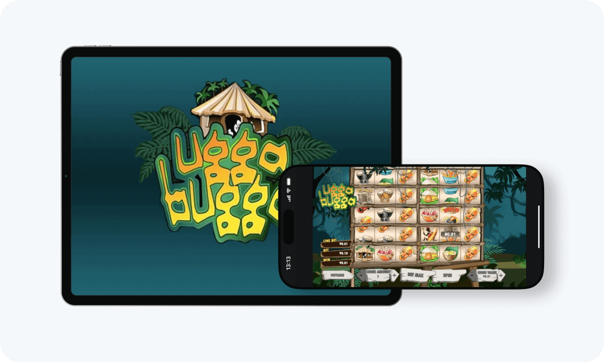 Ugga Bugga slot interface and logo on tablet and smartphone