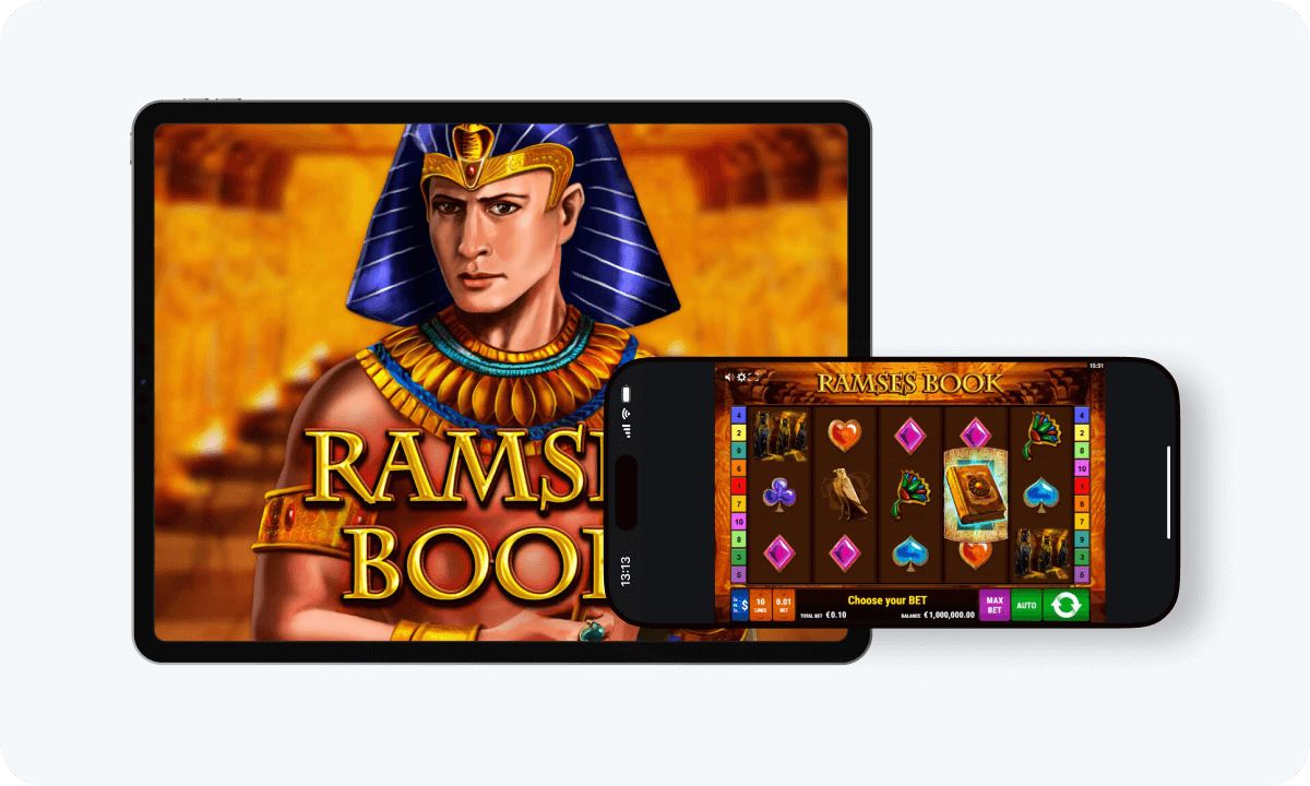 Ramses Book slot interface and logo on tablet and smartphone