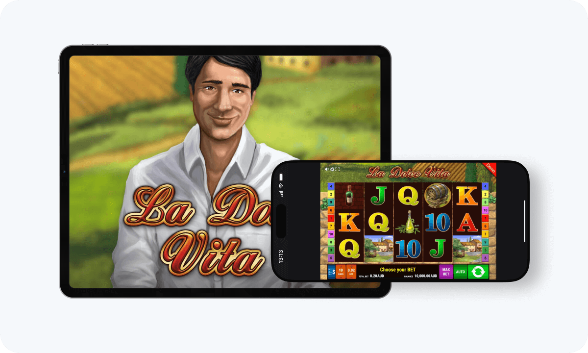 La Dolce Vita slot interface and logo on tablet and smartphone
