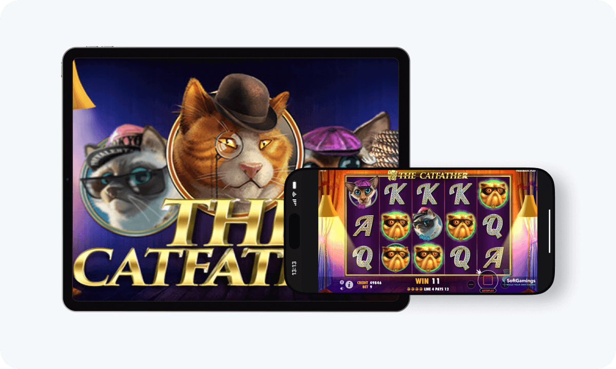 The Catfather slot interface and logo on tablet and smartphone