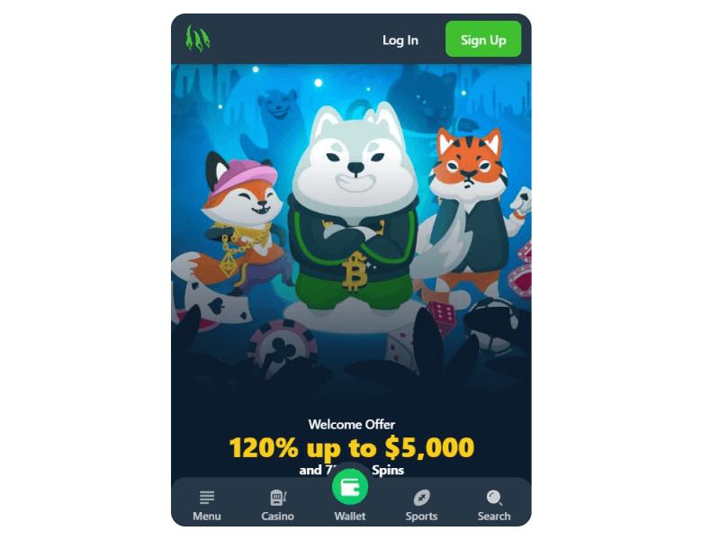 Screenshot of the homepage in the mobile version of Wild io Casino