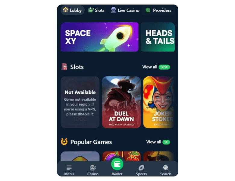 Screenshot of game offers at Wild io Casino