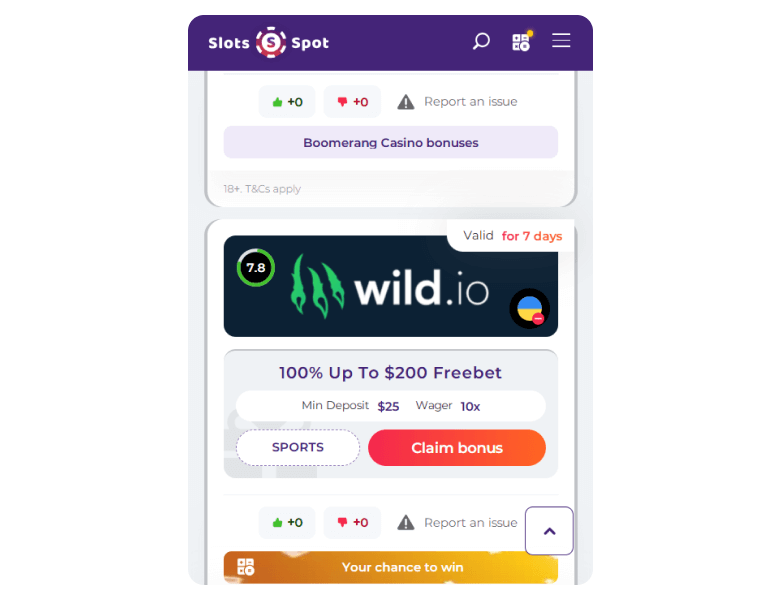 Screenshot of bonus selection page