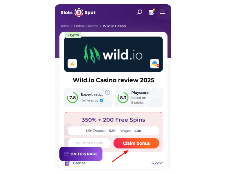 Wild.io Casino bonus page, with a Claim Bonus button