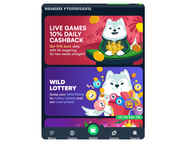 Screenshot of online casino bonuses page