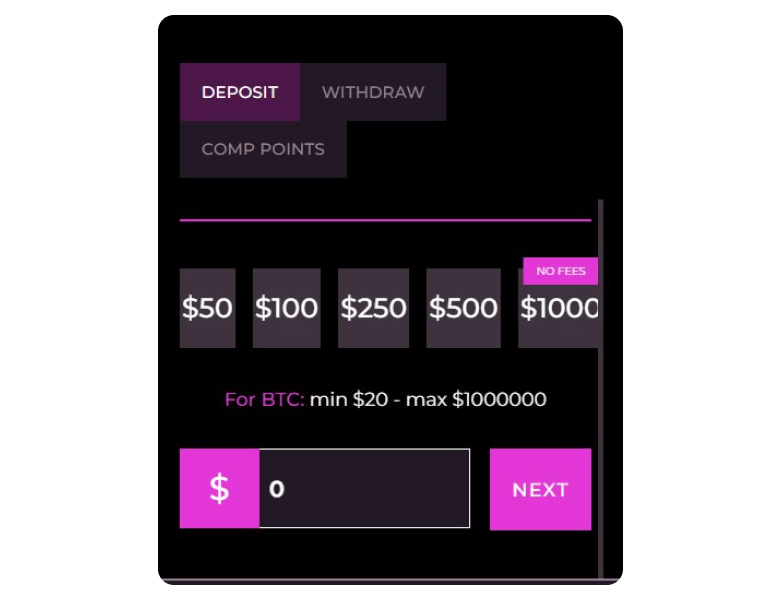 Screenshot of the online casino deposit form