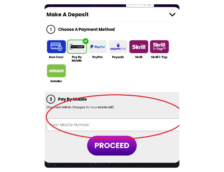 Screenshot of Payforit Casino phone number entry field
