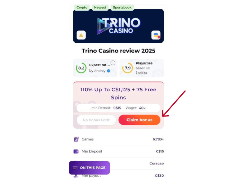 Casino card with an arrow to the Claim Bonus button