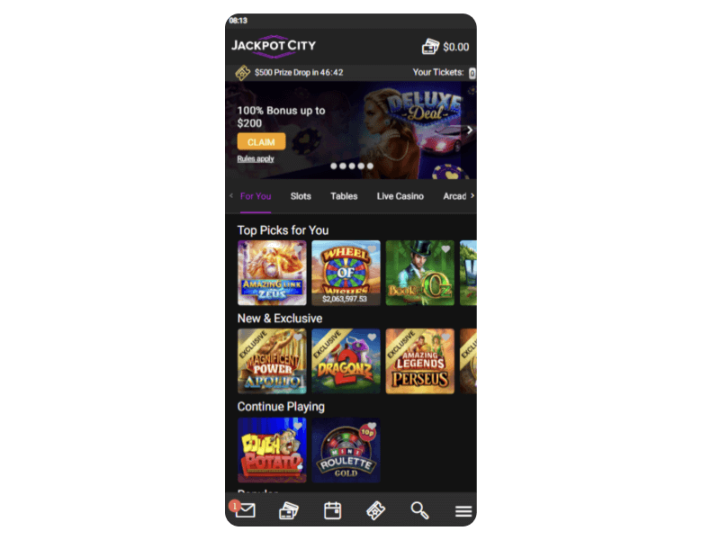 Screenshot of the mobile version of the casino games page