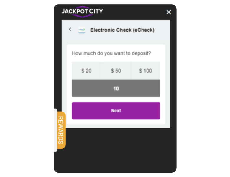 Screenshot of selecting the deposit amount at an online casino