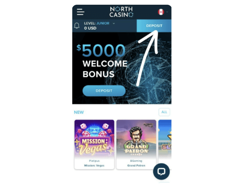 Screenshot of the casino page with the arrow pointing to the deposit button