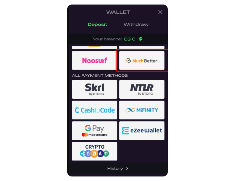 Screenshot of Casino Payments Methods with MatchBetter in the frame