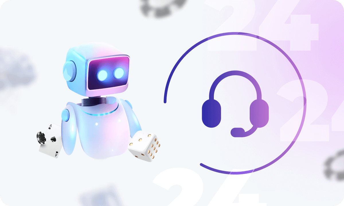 Image of a robot symbolizing AI, next to a headset icon symbolizing online casino customer support.