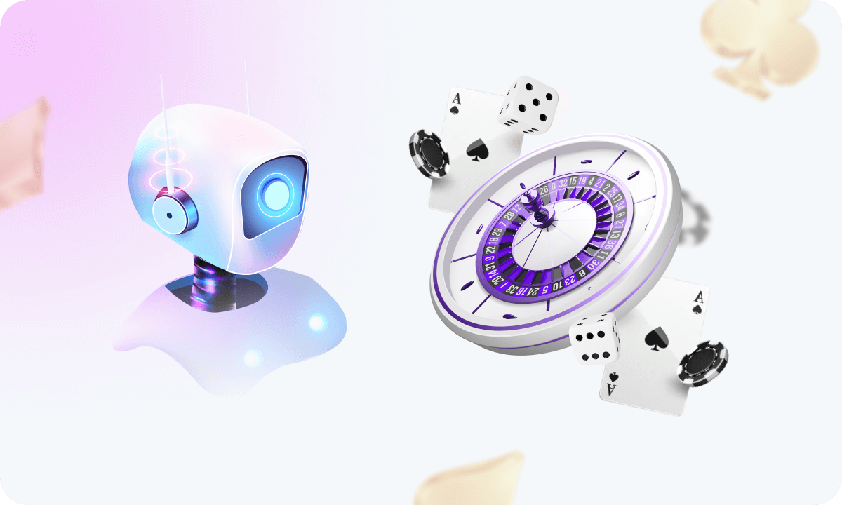 An image of a robot symbolizing the introduction of AI into casino games, as well as an image of a roulette wheel, dice, cards and chips.