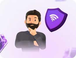 Illustration of a man pondering with a VPN badge about whether it is legal to use a VPN To play at online casinos.