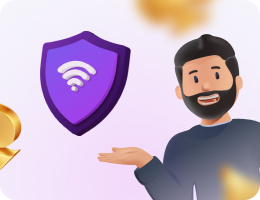 Illustration of a smiling man pointing to the VPN icon.