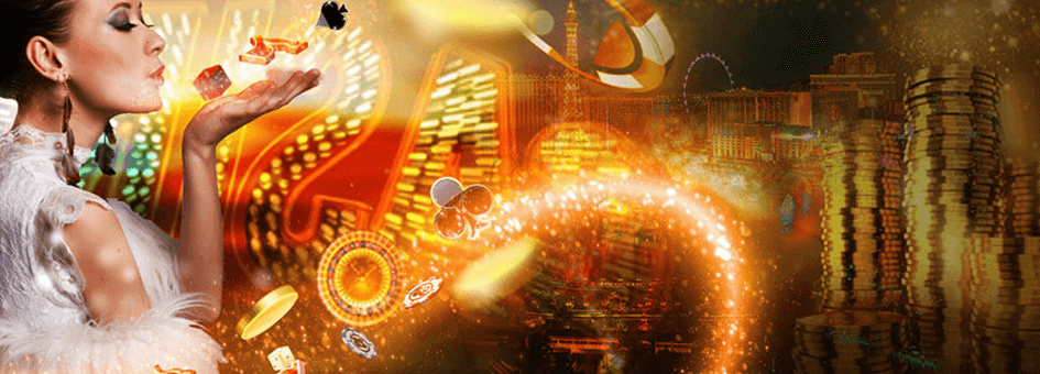 Girl with casino symbols on All Slots Casino promotional image