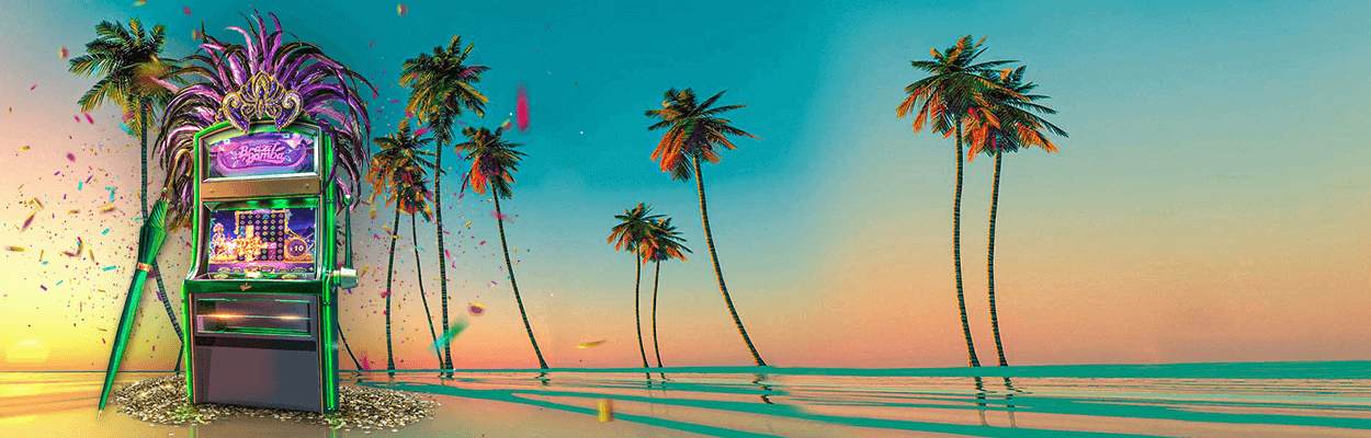 Slot machine and palm trees in Mr Green casino promotional image