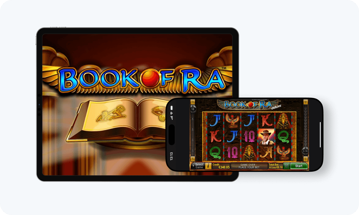 Book of Ra slot interface and logo on tablet and smartphone"