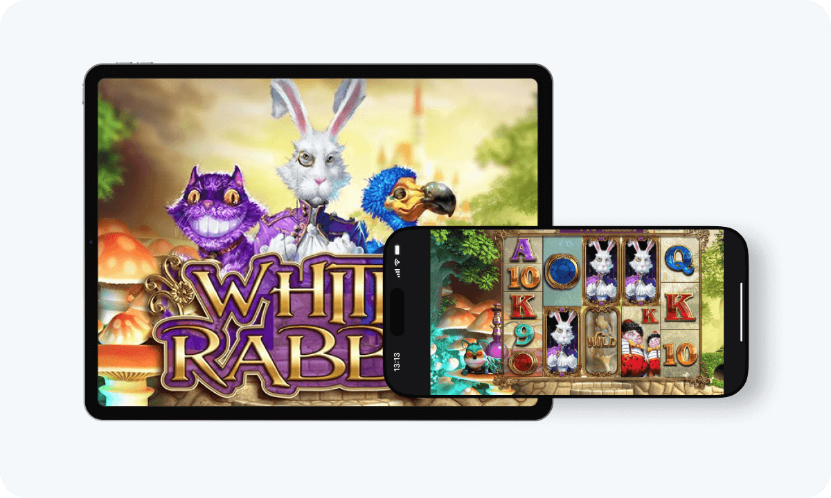 White Rabbit Megaways slot interface and logo on tablet and smartphone