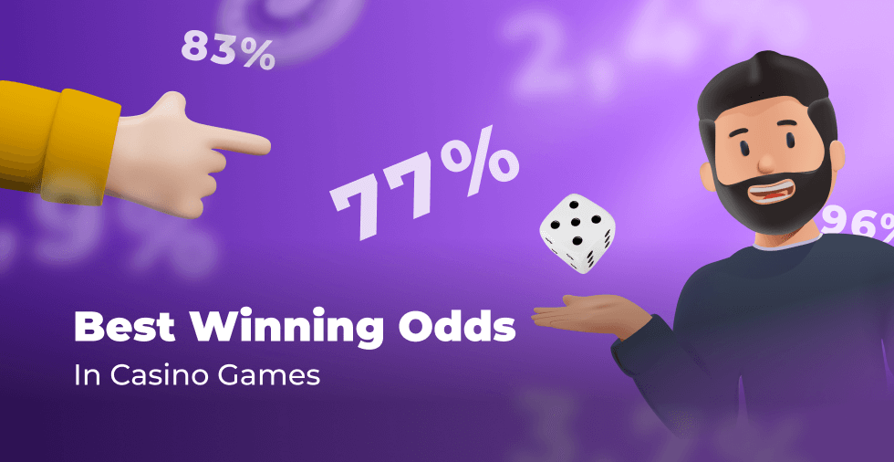 A player who smiles and holds a dice in his hand, next to the winning odds percentages