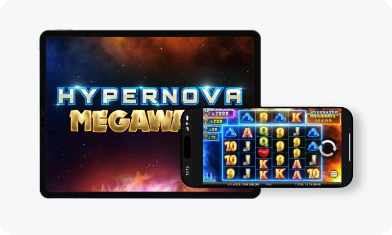 Hypernova Megaways slot interface and logo on tablet and smartphone