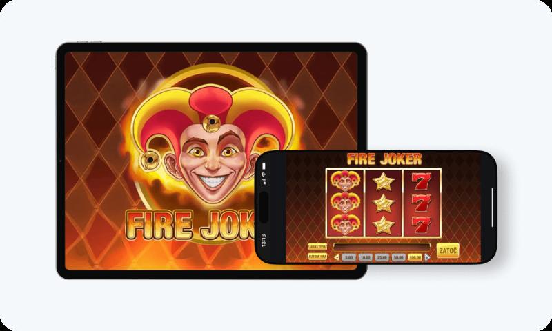 Fire Joker slot interface and logo on tablet and smartphone