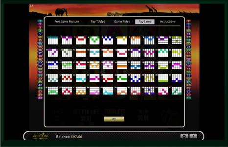 50 Lions Slot Machine Paylines Screen