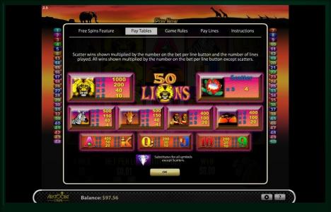 50 Lions Slot Machine Paytable Screen
